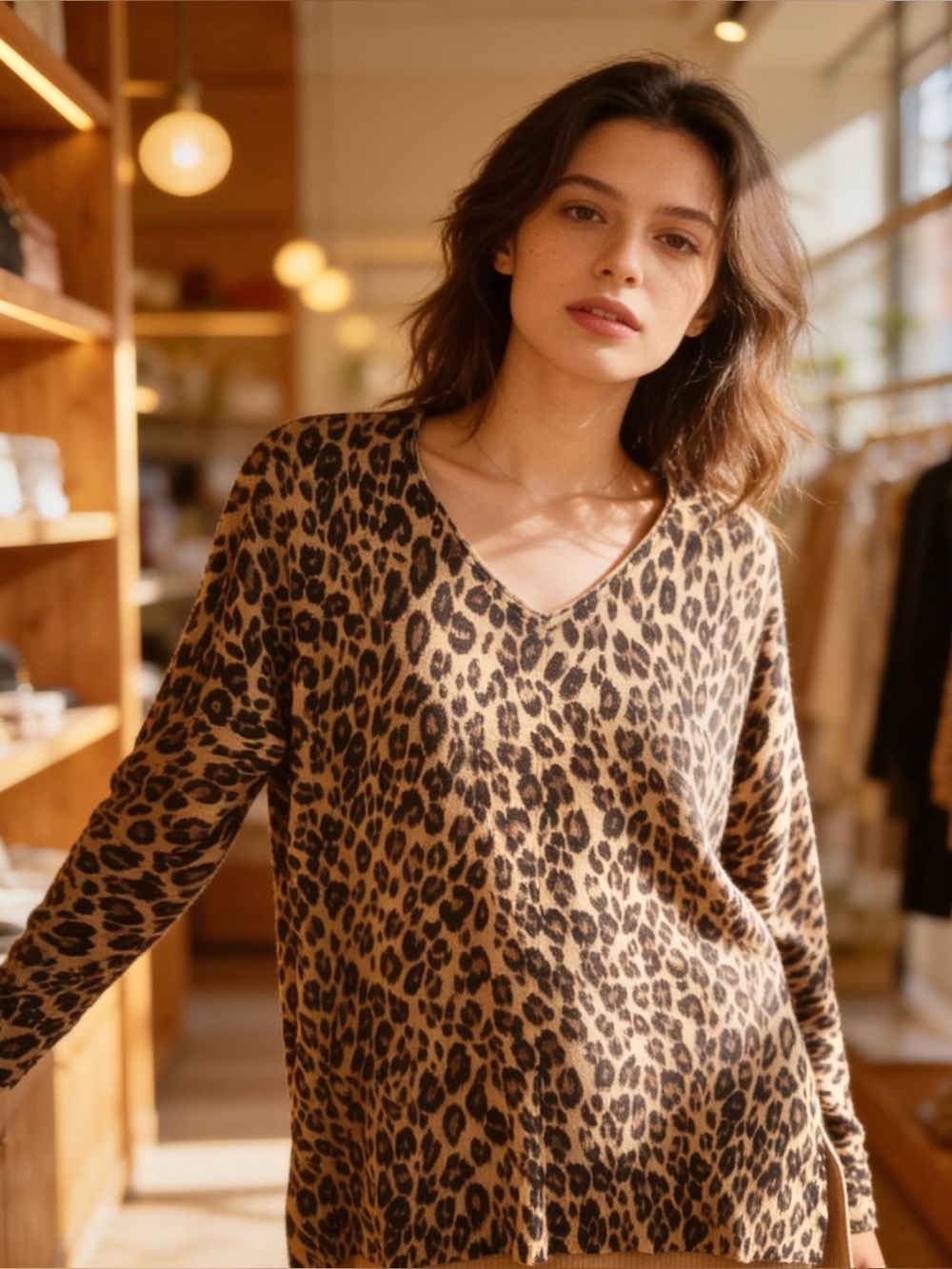 Chico's Leopard-Print V-Neck Sweater in Brown and Black-size 1 (8-10)